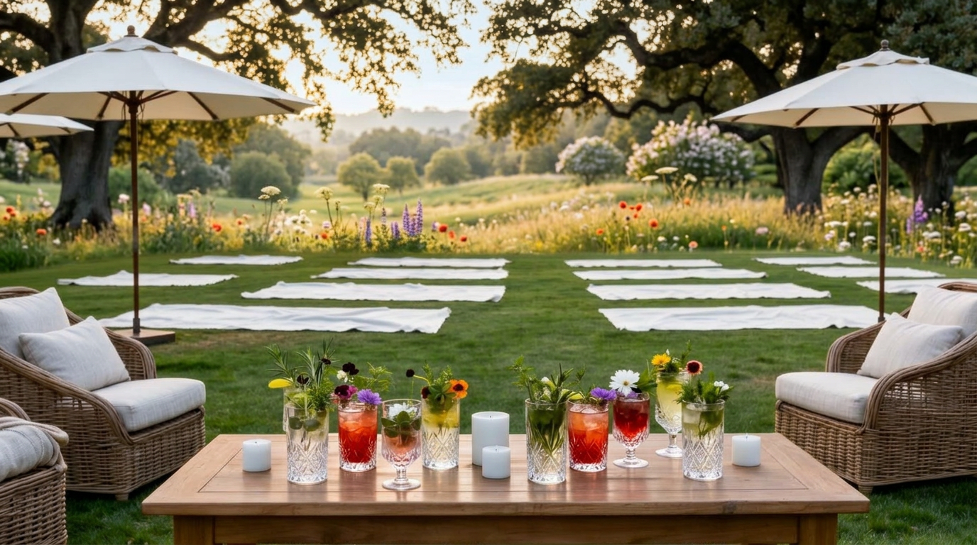 Bright morning light in a garden gathering space — wooden table with botanical mocktails, lanterns, and seating under trees